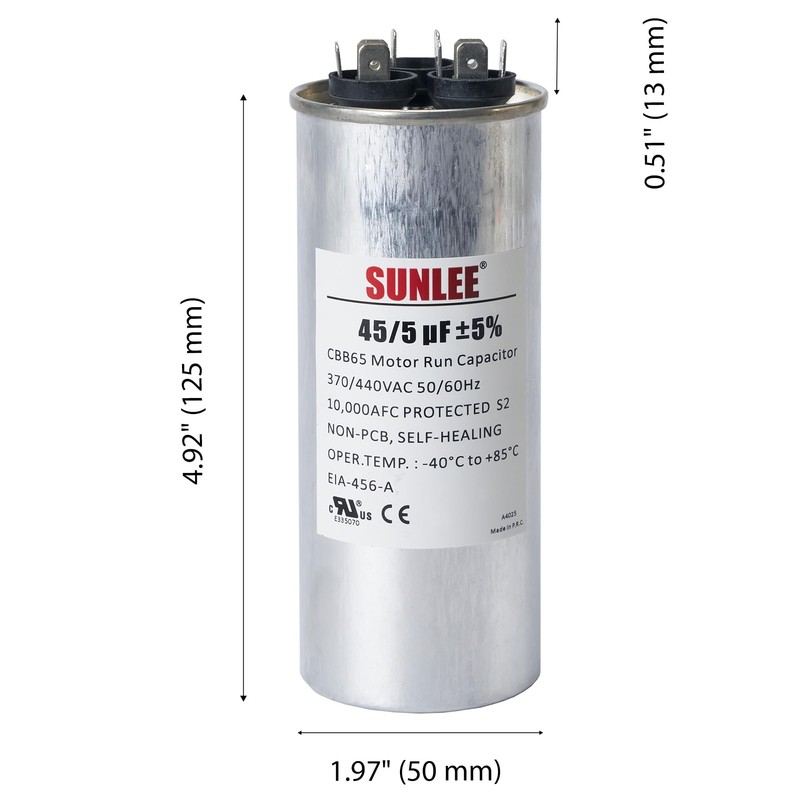 SUNLEE AC Capacitor 45/5 uF 370V / 440V CBB65 Dual