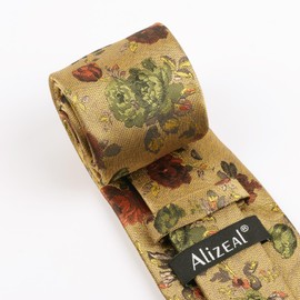 Alizeal Mens 3.15inches Flower Patterned Tie with Floral Printed Pocket Square, Gold+Green+Rust