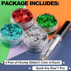 4 Colors of Holographic Chunky Glitter with Quick Dry Glue Pack 9, 4 Pots Total 40g Multi-Shaped for Body Hair Face Eyes Make-up, Nail Art and Bedazzling in Party/Concert/Events Glitter