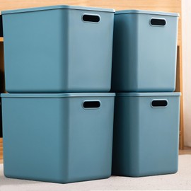 GUMEIGODA Blue Plastic Storage Bins with Lids-4Packs Baskets,Stackable Container with Handle for Garage, Basement and Attic Storage,Industrial Tote,Tubs Boxes Organizing(Blue, 4XL)