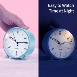 pxy Cute and Safe Alarm Clock for Kids Battery Powered (Battery Include), 4" Analog Super Silent Analog Alarm Clock with Night Light510 Blue&White