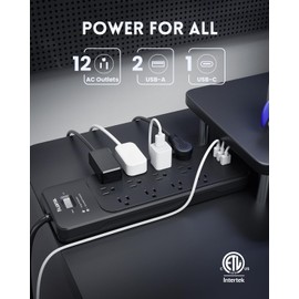 Surge Protector Power Strip 5FT(4080J), PLUGTUL Surge Protector with 12 Outlets - Spacious Layout for Large Plugs, Flat Plug, 20W USB C Charging for Home, Office, ETL Listed