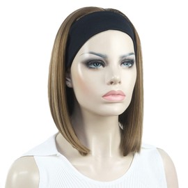Aimole Short Straight Bob 3/4 Wig with Headband Half Synthetic Wigs Women Hair(12TT26 Brown with Highlights)