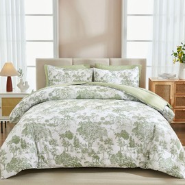 DJY Comforter Set Queen Size, Sage Green 7 Pieces Bed in a Bag Queen Botanical Comforters with Sheets Elegant Plants Print Soft Microfiber Reversible Complete Bedding Sets for All Season