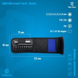 BIKE BROZ 1/4 Inch Mini Ratchet with Bit Set in Small Bag, 12 Pieces, Bicycle Tool Set for Travelling with Ratchet and Bit Holder, Ratchet Wrench Robby Ratchet by