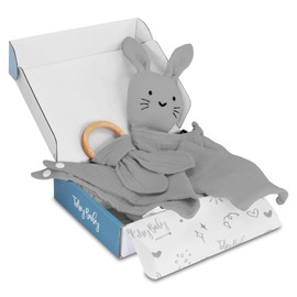 Newborn Muslin Baby Gift Cuddle Blanket for Boys and Girls Baby Gifts for Birth Newborn Set for Baby Shower Bib Teether and Comforter Gift Set Grey