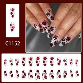 Fall Press on Nails Medium Almond Fake Nails With Design Ombre Red Autumn Flowers Glue on Nails Nude White Acrylic False Nails Full Cover Reusable Thanksgiving Stick on Nail for Women Manicure 24 Pcs