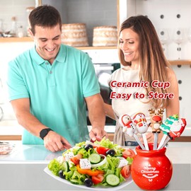 SXunacou Fruit Fork, Fun Cute Cartoon with Ceramic Storage Box Holder Stainless Steel Food Pick Forks for Home Household (B)