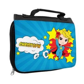 Toiletry Bag with Names Christoph and Super Hero Pattern for Boys with Name Washing Toiletries Bag for Children