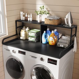DWVO Washer Dryer Countertop, Laundry Countertop, Washer Dryer Topper with Double-Layer Storage Shelf and 5 Hooks, Ideal for Laundry Rooms, Kitchens, and Bathrooms, 53" W x 27" D, Black