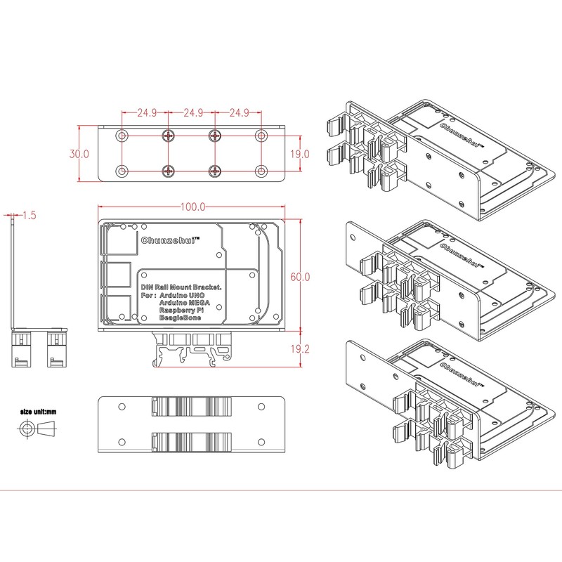 DIN Rail Mount Bracket for Raspberry Pi 1A+ 1B+ 2B