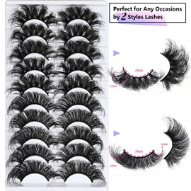 25 mm Lashes Long Dramatic Lashes Wispy D Curl 25mm Lashes Full Volume False Strip Lashes Thick Fluffy Long Fake Mink Eyelashes（2 Styles）