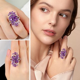 AGRULE 5.32 Cttw Amethyst Cocktail Ring White Sapphire Inlaid Sterling Silver Split Shank Tree Branches Statement Rings Long Purple Gemstone Leaf Ring for Women, Size 9