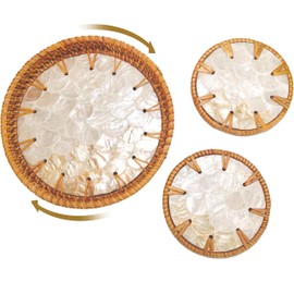 Chicapica 6" Mini Lazy Susan Turntable with 2 Rattan Coasters – Mother of Pearl Rotating Tray for Coffee Bar, Vanity, or Tabletop – Small Boho Decor for Condiments, Perfume & Jewelry Display