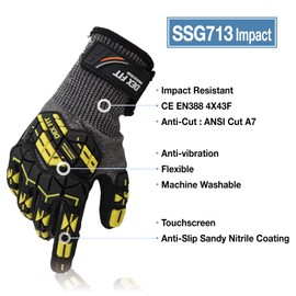 DEX FIT Level 7 Cut Resistant Gloves SSG713 Impact - Steel Fiber Protection, Sandy Nitrile Grip, Anti-Vibration, Shock Absorbing, Comfort and Dexterity, Durable and Washable; Grey S (7) 1 Pair