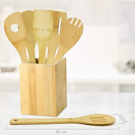 Joeji's Kitchen 6 Bamboo Wooden Kitchen Utensils for Cooking, Resistant & Stylish Bamboo Utensils: Wooden Spoon, Bamboo Spatula, Slotted Spoon, Slotted Spatula, Spork, Spatula with Hole