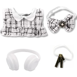 Luxury 4-Piece Doll Fashion Set for 5.91-6.7 inch Dolls: White Checkered Dress Outfit with Headphones, Plaid Hair Bow & White Tie Accessories (Doll Not Included)