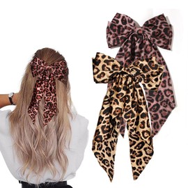 Leopard Print Long Tail Hair Bow Clips - 2Pcs Handmade Ribbon Satin Oversized Bow Metal Barrettes Ponytail Ribbons Butterfly Accessories for Women and Girls (Leopard Print-Red/Yellow)