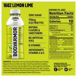 BODYARMOR ZERO Sugar Lemon Lime, Sugar Free Sports Drink - Low-Calorie Hydration - Natural Flavors with Potassium Packed Electrolytes, Antioxidants, and B-vitamins, 16 fl oz (pack of 12)