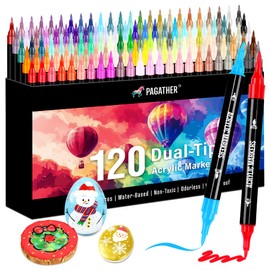 120 Colors Acrylic Paint Markers, Dual Tip Fine Tip and Brush Tip Pens Contain 24 Metallic Color for Stone, Wood, Calligraphy, Canvas, Ceramic, Metal, Glass, Rock Painting, DIY Crafts