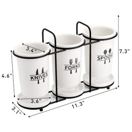Fasmov Flatware Holder, 3-Piece Silverware Caddy Utensil Holder Ceramic Flatware Caddy with Metal Rack, Flatware Caddy White Ceramic Cutlery Organizer for Forks, Spoons, Knives