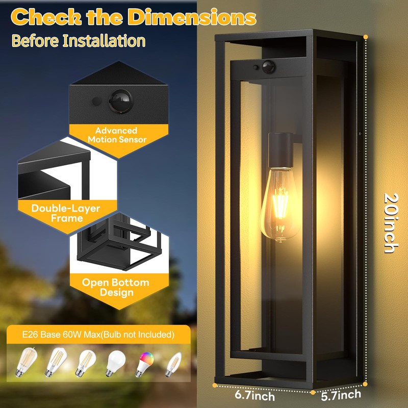 SIAFAVOI Motion Sensor Outdoor Wall Light 2Pack-15in Modern Dusk to