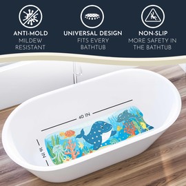 Bath Tub Mat Non Slip Anti Mold for Kids BPA Free INCL Hooks - homerella® Ocean Sea Animals 40x16, Baby Bath Mat Non Slip 200 Suction Cups, Non Toxic Machine Washable Toddler Bath Mat, EU Certified