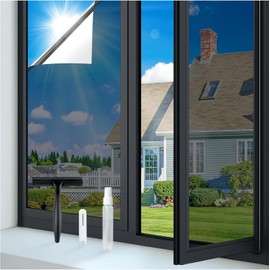 rabbitgoo One Way Window Privacy Film Tint with 3 Tools for Home, Sun Heat UV Blocking Control Reflective Mirror Tint Film See Out Not in Office Door Coverings, Black Silver, 17.5 x 78.7 inches