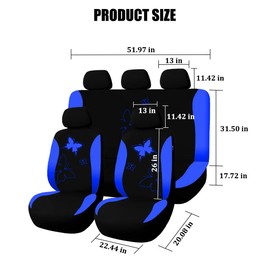 HZEL Car Seat Cover Full Set, Soft Breathable Butterfly Print Vehicle Front and Rear Split Bench, Comfortable Dustproof Auto Interior Chair Protection Cover, Universal for SUV Van Truck (Blue)