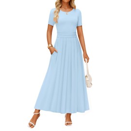 ZESICA Women's Summer Short Sleeve Maxi Dress 2025 Casual Crewneck Pleated A Line Flowy Long Dresses with Pockets, LightBlue, Medium