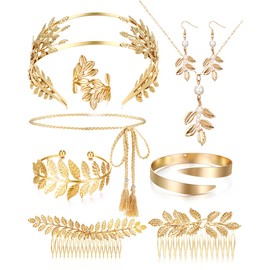 Xinnun 9 Pcs Greek Goddess Costume Accessories Toga Belt Leaves Crown Bracelet Headpiece Earrings Necklace for Women Bridal (Chic)