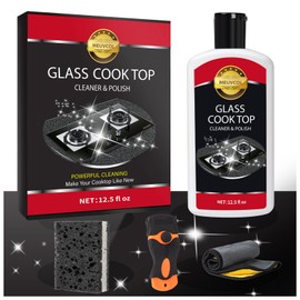 Meuvcol Glass Stove Top Cleaner Kit, 12 Oz Glass Cooktop Cleaner Non-Abrasive, Stove Oven Cleaner & Polish For Ceramic, Electric, Induction, Flat Top Stovetop, Gas - With Scrubbing Pad, Scraper, Cloth