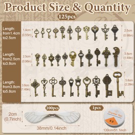 PXBSNB Pack of 125 Vintage Keys, Pendants Skeleton Key Vintage Decoration with 50 Pairs of Dragonfly Wings and 13 m Crystal Cord, Key Charms Pendant Set for DIY Making Jewellery Wedding Decoration,