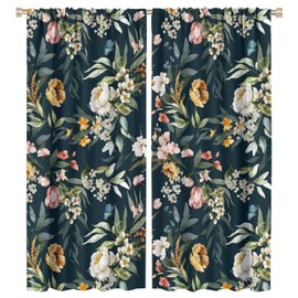 SHElifestyle Black Floral Boho Curtains, Vintage Retro Wildflower Window Treatments for Living Room Watercolor Colorful Leaves England Gardern Window Drapes for Woman Bedroom Kitchen 42x45in