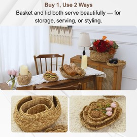 ChumDecor Scalloped Basket Set of 3 – Woven Seagrass Storage Baskets with Lids – Decorative Natural Bins Baskets for Organizing, Boho Home, Shelves, Bathroom Decor