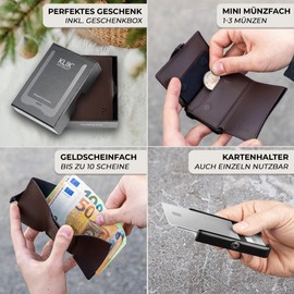 PURISTO KLIK Slim Wallet with Coin Compartment Men's - Leather Money Clip Mini Wallet Men's Small with Coin Compartment, RFID Blocker - Leather Card Case, dark brown, Mini coin compartment - 12 cards