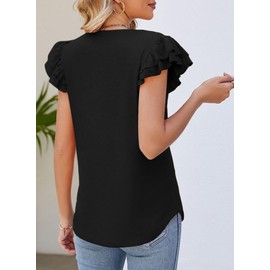 Dokotoo Womens Shirts v Neck Ruffle Sleeveless Knit Ribbed Tee Solid Color Business Casual Spring Summer Ladies Top Cute t Shirt Going Out Tops for Women Black Large