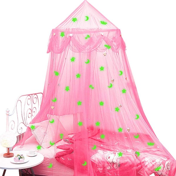 Malaxlx Bed Canopy for Girls with Glow in the Dark Stars Moons, Princess Canopy Dome Mosquito Net Birthday Gifts for Kids Bedroom Decor Pink