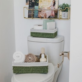 Beautiful Toilet Paper Storage Basket Set of 2 – Decorative Wicker Bathroom Organizer for Toilet Tank Trays - Quality Holder Bin For Shelves Fits Perfectly With Any Bathroom Decor