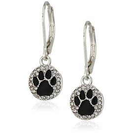 Pet Friends Silvertone/Crystal/Jet Paw Drop Earrings, Silver