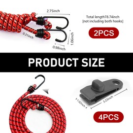 MOXRUQ 2 PCS Car Cover Gust Straps Wind Protector, Elastic Bungee Cords with Hooks Bungee Cords for Protecting Car Cover from Blowing Off in High Winds, Universal for Most Cars SUVs Trucks (Red)