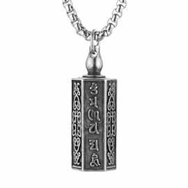 HZMAN Tibetan Buddhism Meditation Stainless Steel Pendant Commemorative Cremation Ashes Pill Cylinder Container Necklace 22+2 Inch Chain (Hexagon)