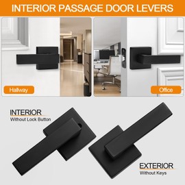 6 Pack Passage Door Handles Matte Black Door Knobs, Interior Door Knobs Square Heavy Duty Non-Locking Handlesets Hall Closet Handles, Reversible for Right & Left Sided Doors