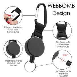 WEBBOMB Key Roll Key Yo-Yo with 70 cm Steel Cable ID Holder Key Ring Card Holder ID Badge Reel Extendable Key Holder Band Lanyard Ski Pass Holder (Black without Logo)