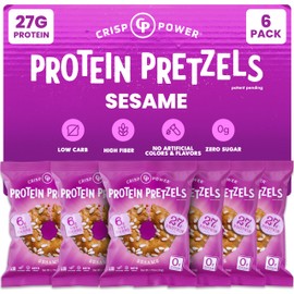 Crisp Power Protein Pretzels, Sesame, High Protein Snack, 27G Protein, Low Carb Crunchy Pretzel Snacks, No Added Sugar, No Seed Oils, 1.75 oz Bags, 6 Pack, Vegan, Plant-Based, Keto