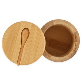 Vesaneae Bamboo Storage Box, Salt Cellar with Lid and Spoon, Salt and Pepper Box, Magnetic Closure Lid for Sugar Salt Pepper Spices