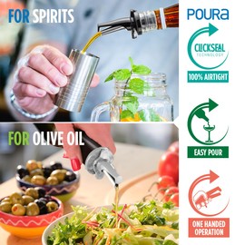 3-in-1 Liquor Pour Spout | Olive Oil Spout with Built-in Caps for Optimal Fly and Dust Protection - Dishwasher Safe, Hygienic Alcohol Speed Spouts - Black 2 PCs with 2 Adapters for Large Neck Bottles