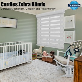 FEBORY Zebra Blinds - Cordless Roller Window Shades, Dual Layer Light Filtering Roller Shades, 32" W X 72" H, White, Easy Install Day Night Window Blinds for Home, Office, French Door