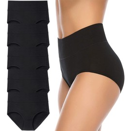 Annenmy Women's High Waist Cotton Underwear Sold Color Comfortable Briefs Panties (X-Large, Black, 5-pack)