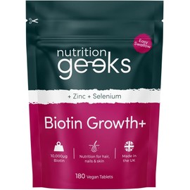 Nutrition Geeks Biotin Hair Growth Supplement - 180 Tablets Enhanced with Zinc & Selenium, Hair Vitamins Complex - Biotin 10000 mcg - Vegan, Hair Skin and Nails Vitamins for Women & Men UK